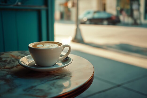 Koffiebeker op tafel buiten in pastelkleuren Vintage retro stijl stoep café scène