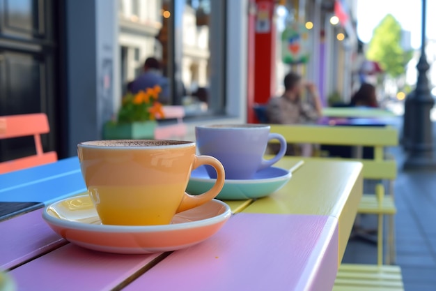 Koffiebeker op tafel buiten in pastelkleuren Vintage retro stijl stoep café scène