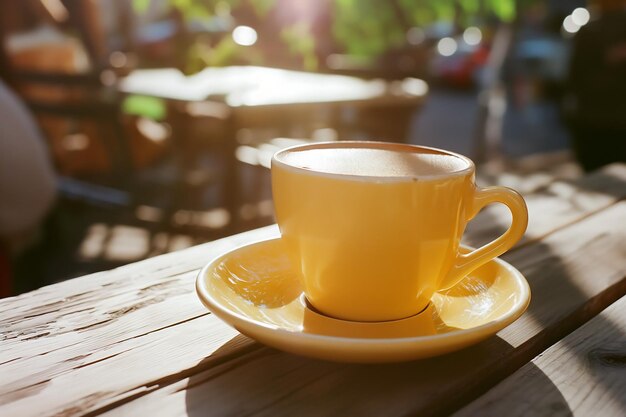 Koffiebeker op tafel buiten in pastelkleuren Vintage retro stijl stoep café scène