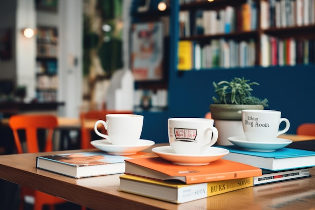 Koffiebekers en boeken in het café.