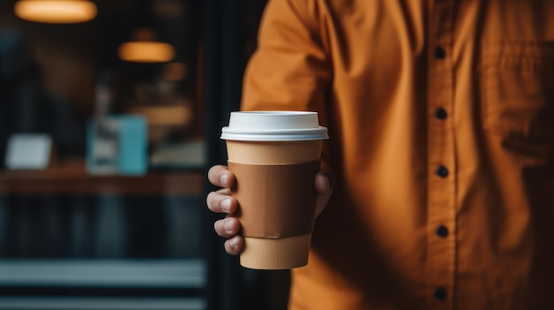 Koffiebekerverpakking met een leeg etiket in de hand van een barista