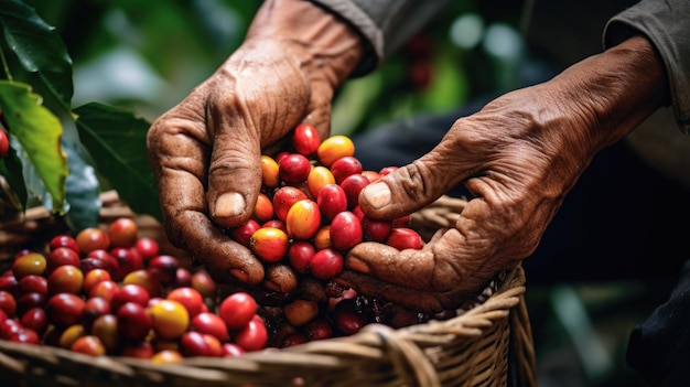 Koffiebessen oogsten door landbouwershanden Generatieve AI