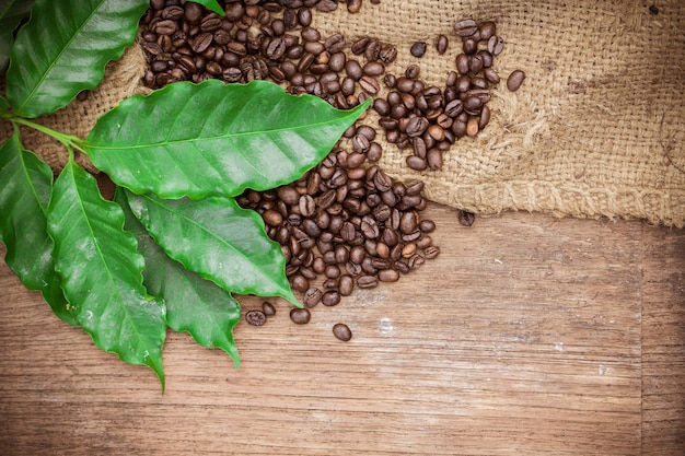 koffiebonen en bladeren op hout achtergrond