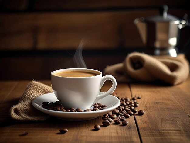 Koffiebonen en een kop koffie op een houten tafel