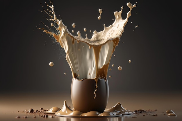 Koffiebonen en melk vallen in scheutje koffie AI Generation