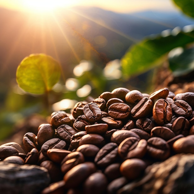 koffiebonen in de zon met de zon achter hen ondergaan