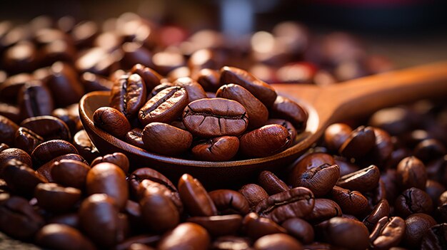 koffiebonen in een beker met een lepel op een houten tafel