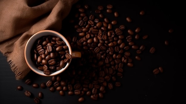 Koffiebonen in een kopje met een bruine doek op de achtergrond