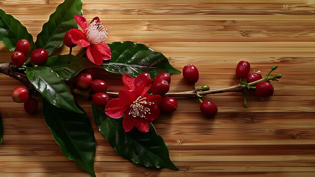 Koffiebonen met echte koffie vruchten bloemen en bladeren op houten tafel close-up Red Generative AI