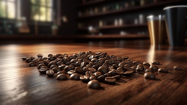 Koffiebonen op een houten vloer voor een boekenkast