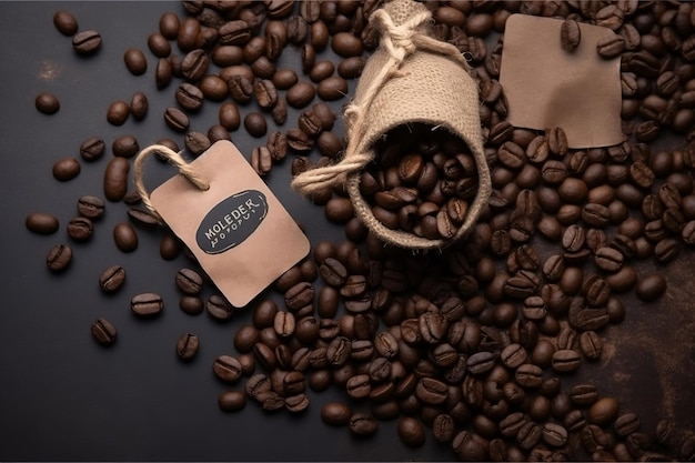 Foto koffiebonen op tafel van bovenaf en leeg label over bovenaanzicht generatieve ai