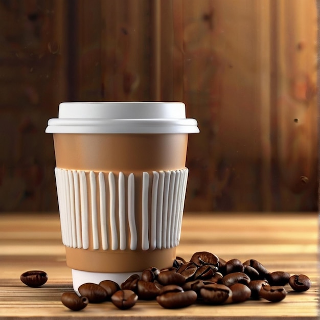Koffiebonen vallen in een beker met koffiebonen op een wazige houten achtergrond