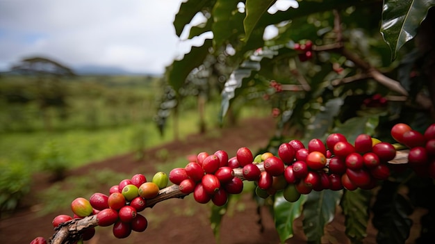 Koffieboom met rode koffiebonen op koffieplantage Generatieve AI