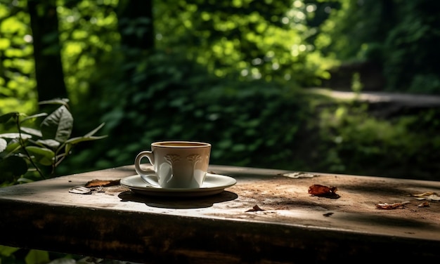Koffieglas op de achtergrond van het natuurlijke landschap van tafel