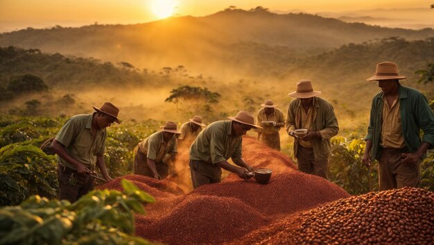 Koffiegoud oogsten Braziliaanse boeren bij zonsopgang