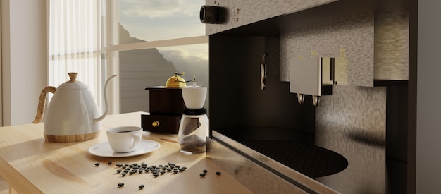 Koffiehoek met verweerd raamkozijn. 3D render.