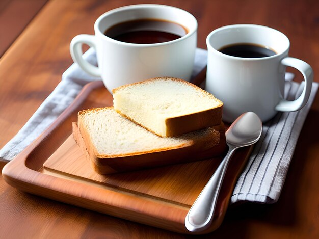 Koffiekop met brood op een houten tafel