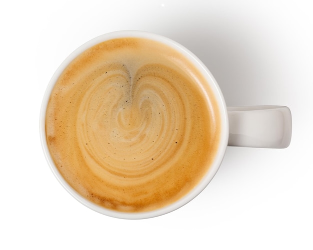 Koffiekop met hartteken bovenkant geïsoleerd op witte achtergrond met knippad