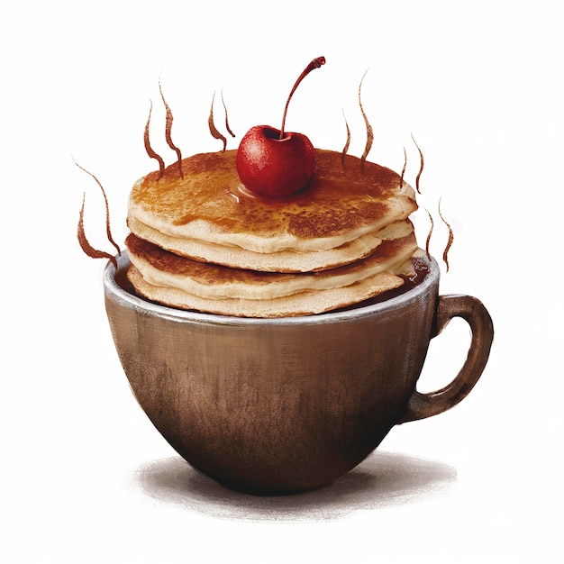 Foto koffiekop met pannenkoeken en kersen geïsoleerd op een witte achtergrond