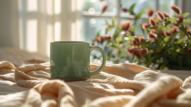 Koffiekop op bed.