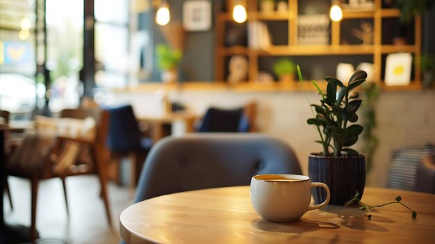 Koffiekop op een houten tafel in een modern café met een wazige achtergrond van mensen en boekenplanken