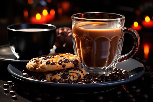 Foto koffiekop op tafel met koekjes op het bord en lepel generatieve ia