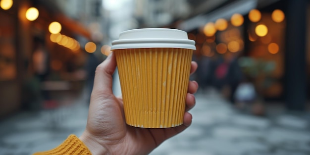 Koffiekop sjabloon dat een persoon vasthoudt leeg mockup gele zachte geïsoleerde achtergrond