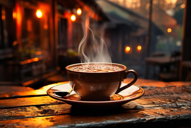 Koffiekop stoomend op een houten tafel in een restaurant