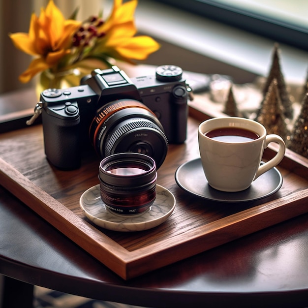 Koffiekopje camera en bloemen op een houten tafel