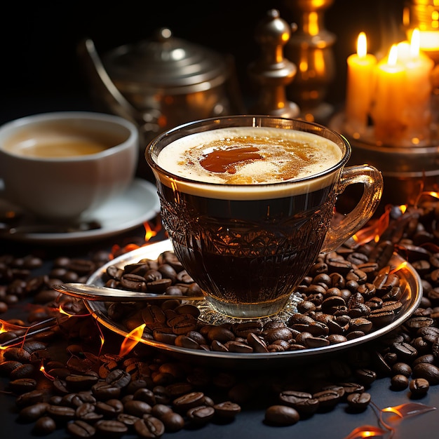 Koffiekopje en bonen frame op houten tafel tegen een achtergrond van zonlicht