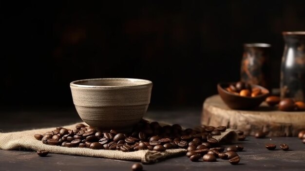 Koffiekopje en bonen op oude keukentafel