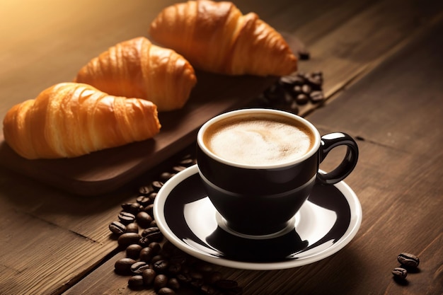 Koffiekopje en croissants op een houten tafel