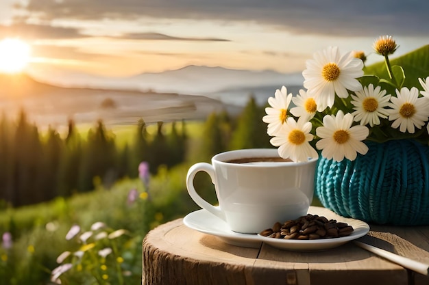 Foto koffiekopje en een kopje koffie op een tafel met een zonsondergang op de achtergrond.