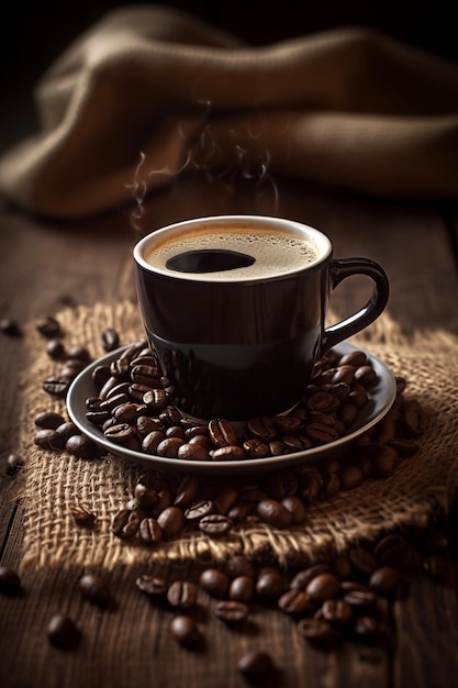 Koffiekopje en koffiebonen op een houten tafel