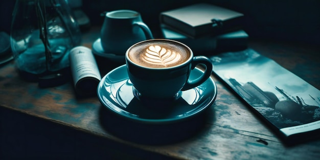 Koffiekopje en latte met telefoon in tafel