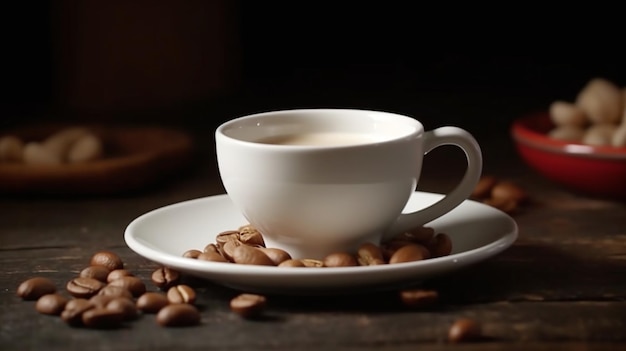 Koffiekopje en schotel op een houten tafel met koffiebonen