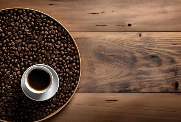Foto koffiekopje in houten tafel naast bonen in de stijl van luchtfoto