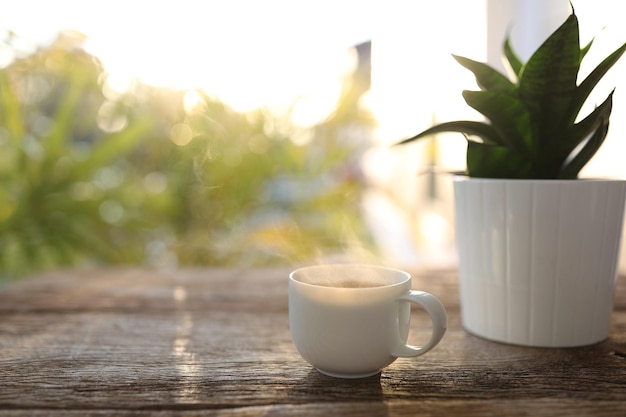 Koffiekopje met rook en plantenpot