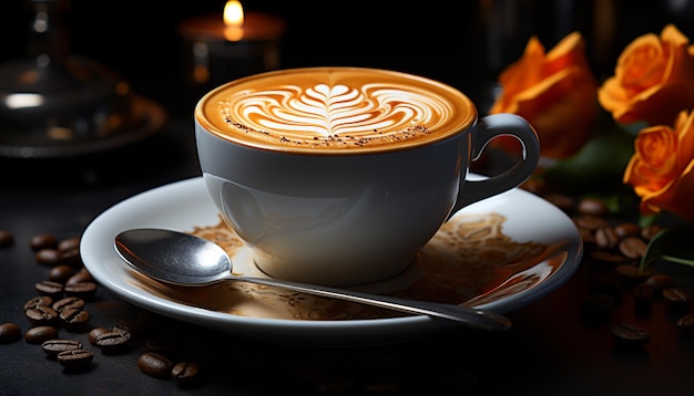 Koffiekopje met schotel en schuimige drank cafeïne versheid aroma warme drank stilleven elegantie liefde gegenereerd door kunstmatige intelligentie