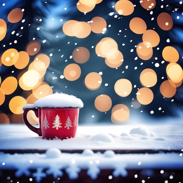 Koffiekopje op besneeuwde tafel wazig winter bos achtergrond met kopieerruimte voor uw product Mockup of sjabloon voor kerstkaart