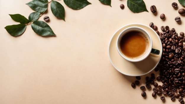 Koffiekopje op een tafel met bladeren en koffiebonen crème achtergrond plat lag 04