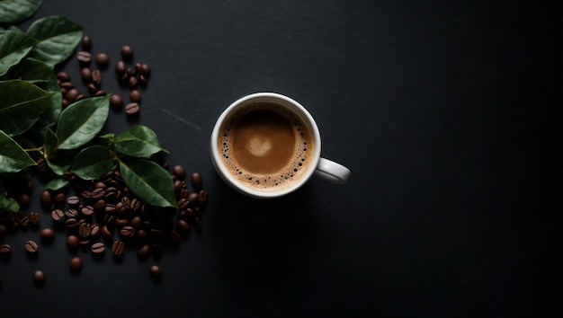 Koffiekopje op een tafel met bladeren en koffiebonen donkere achtergrond plat lag 02