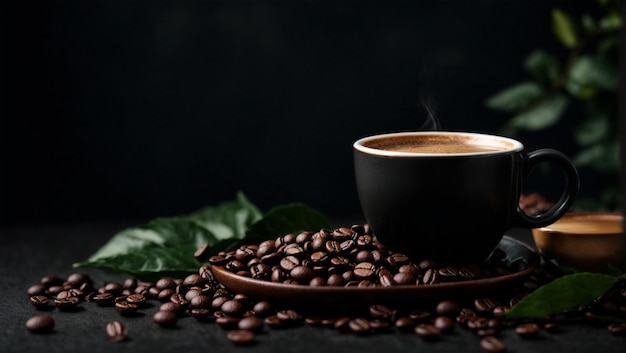 Koffiekopje op een tafel met bladeren en koffiebonen donkere achtergrond