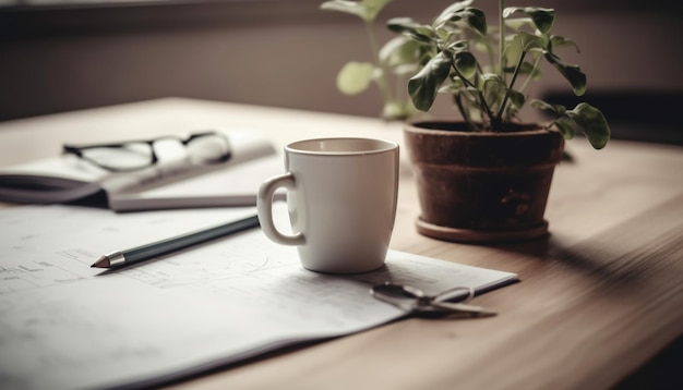 Koffiekopje op houten bureau met plant voor verse cafeïne gegenereerd door AI