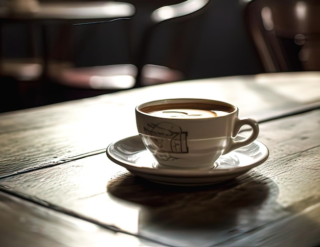 Koffiekopje op houten tafel in coffeeshop