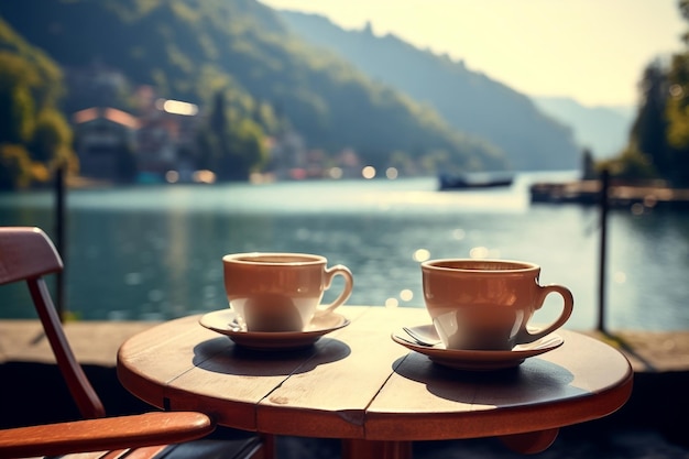 Koffiekopjes en lepel op houten tafel Illustratie Generatieve AI