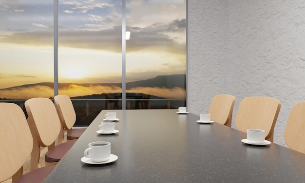 Koffiekopjes op marmeren tafels en er is een houten stoel in de vergaderzaal witte gipsmuren glazen ramen met uitzicht op de bergen en ochtendnevel met zonlicht 3D Rendering