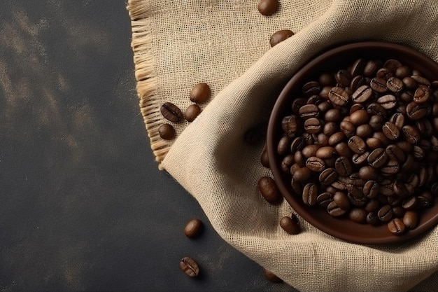 Koffiekracht ontketend kopje bonen in zak op donkere achtergrond