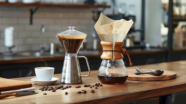 Koffiemachine en een kop koffie op een houten tafel Koffiebonen liggen verspreid over de tafel De achtergrond is vaag