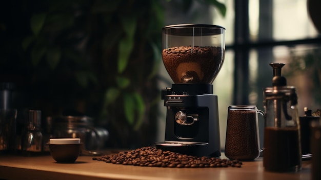 Koffiemachine op tafel omringd door koffiebonen